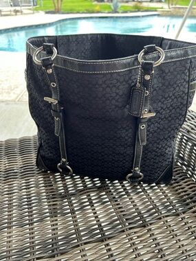 Coach Black Signature Jacquard Tote with Black Leather Trim